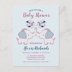 Invitation Carte Postale Eléphants et Coeurs adorables Baby shower mignon