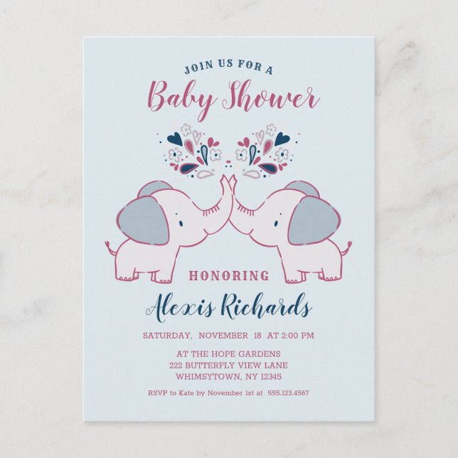 Invitation Carte Postale Eléphants et Coeurs adorables Baby shower mignon (Devant)