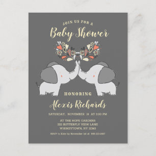 Invitation Carte Postale Eléphants gris Sexe Neutre Baby shower mignon