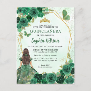 Invitation Carte Postale Emerald Green Floral Princess Quinceañera