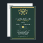 Invitation Carte Postale Emerald Green & Gold Masquerade Sweet 16 Party<br><div class="desc">Emerald Green & Gold Masquerade Sweet 16 Party Postcard Invitations. Doté d'un faux masque en feuille d'or au sommet contre un arrière - plan vert émeraude. Parfait pour une fête de 16 ans moderne et classe !</div>