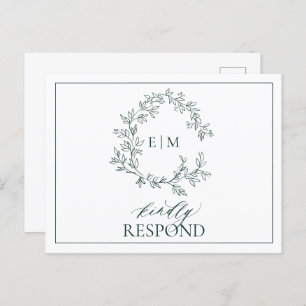 Invitation Carte Postale Emerald Green Leafy Crest Monogramme Mariage RSVP