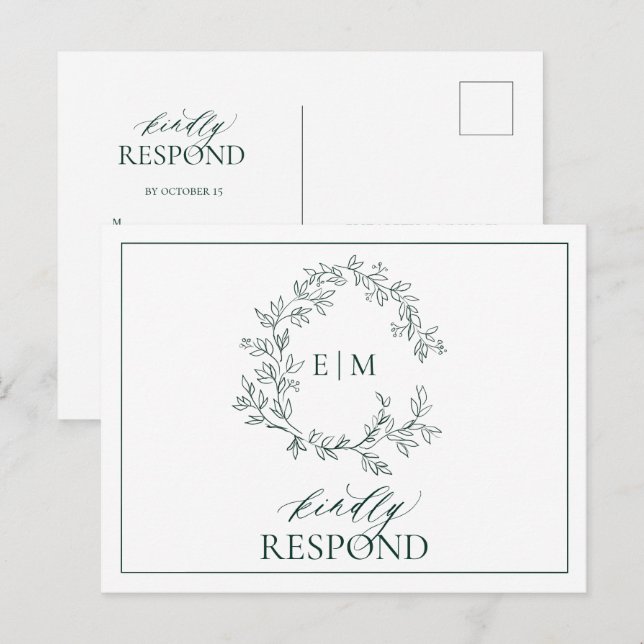 Invitation Carte Postale Emerald Green Leafy Crest Monogramme Mariage RSVP (Devant / Derrière)