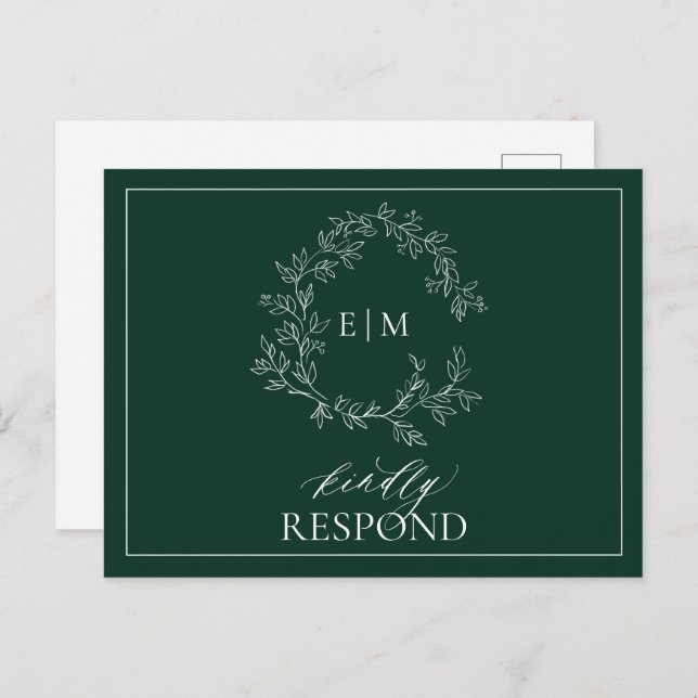 Invitation Carte Postale Emerald Green Leafy Crest Monogramme Mariage RSVP (Devant / Derrière)
