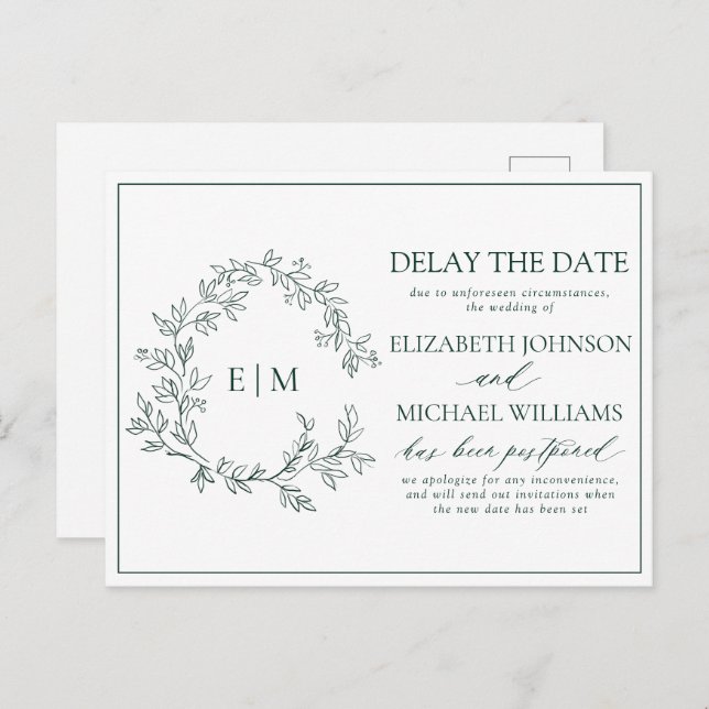 Invitation Carte Postale Emerald Green Leafy Crest Monogramme Retard Date (Devant / Derrière)