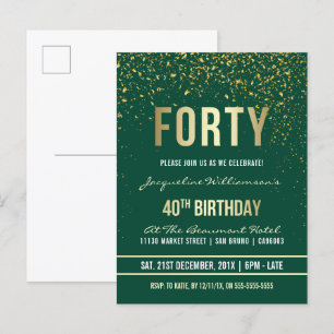 Invitation Carte Postale Émeraude   Gold Confetti 40e fête d'anniversaire
