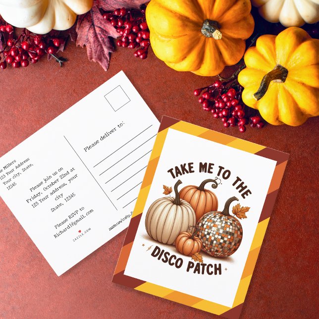 Invitation Carte Postale Emmène-moi à la frontière de Disco Patch et aux ci (Take me to the Disco Patch border and pumpkins Invitation Postcard)