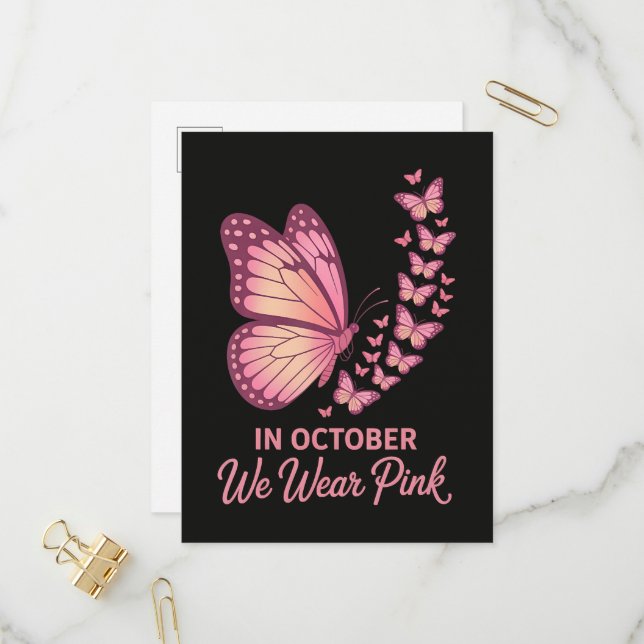 Invitation Carte Postale En octobre Papillon Rose Poitrine (Devant/Arrière en situation)