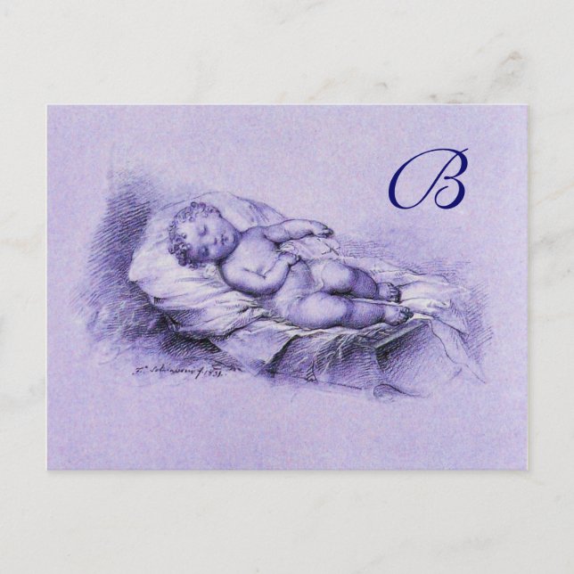 INVITATION CARTE POSTALE ENFANT DORMIER, BABY SHOWER BLEU MONOGRAM (Devant)