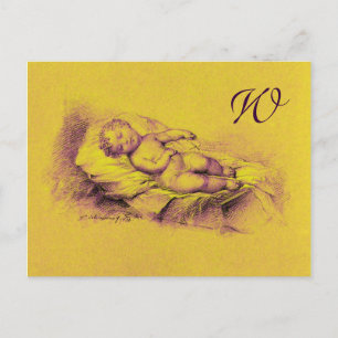 INVITATION CARTE POSTALE ENFANT DORMIER, BABY SHOWER JAUNE D'OR MONOGRAMME