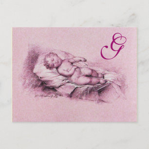 INVITATION CARTE POSTALE ENFANT DORMIER, BABY SHOWER ROSE MONOGRAMME