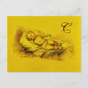 INVITATION CARTE POSTALE ENFANT ENDORMI, JAUNE OR BAPTÊME DE NOURRISSON MO