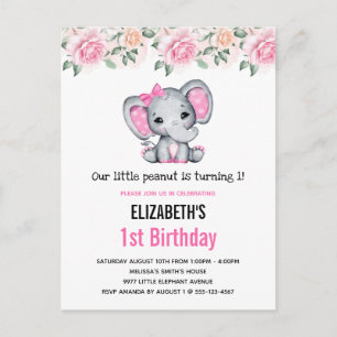 Invitation Carte Postale Enfant rose Eléphant et frontière Rose Anniversair