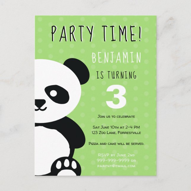 Invitation Carte Postale Enfants Personnalisés Panda Kawaii Vert Anniversai (Devant)
