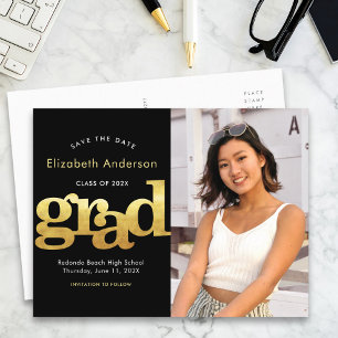 Invitation Carte Postale Enregistrer la date de graduation photo or noir ty