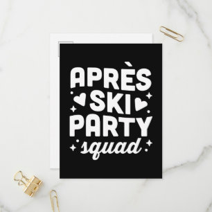 Invitation Carte Postale Équipe de fête après-ski noir et blanc