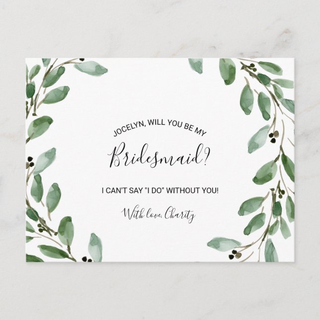 Invitation Carte Postale Été Vert Tropical Eucalyptus Bridesmaid (Devant)