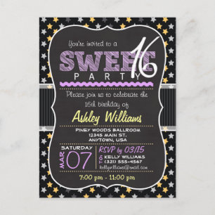 Invitation Carte Postale Étoiles Jaunes et violettes Sweet 16 Postcard Invi