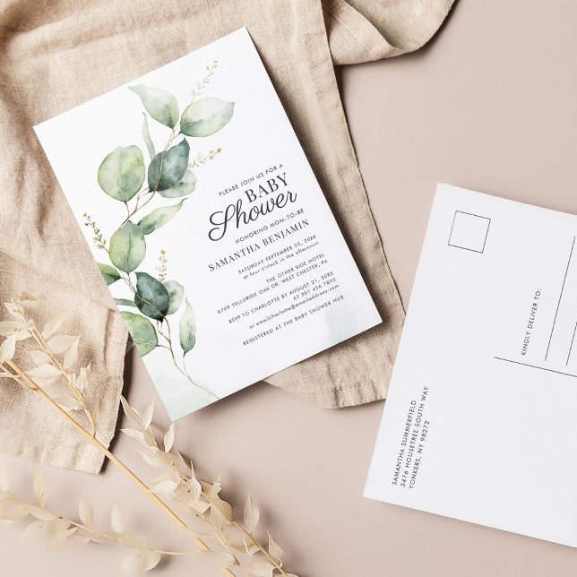 Invitation Carte Postale Eucalyptus Baby shower Garçon de verdure (Eucalyptus Baby Shower Invitation Postcard)