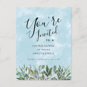Invitation Carte Postale Eucalyptus Blue Aquarelle Couples Douche