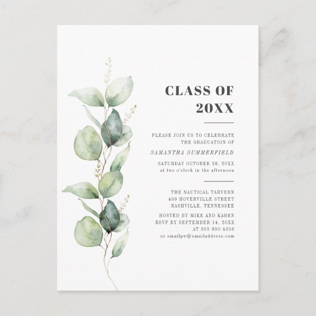 Invitation Carte Postale Eucalyptus Botanical Green Graduation Party (Devant)