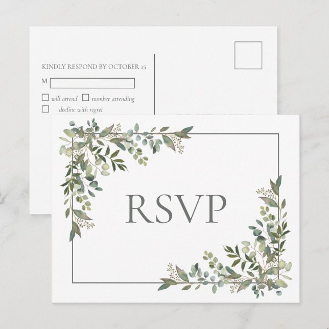 Invitation Carte Postale Eucalyptus Botanique Sage Vert Mariage RSVP (Devant / Derrière)