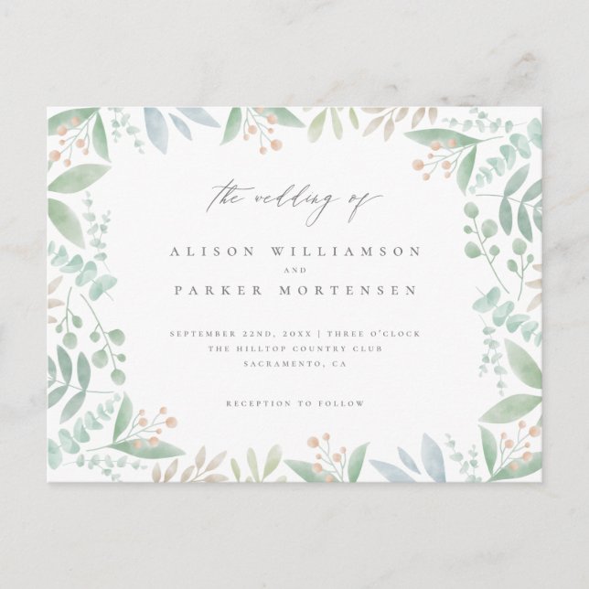 Invitation Carte Postale Eucalyptus doux chic, Feuille & Mariage vert (Devant)