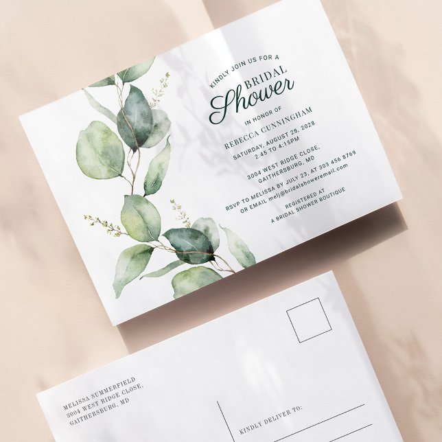 Invitation Carte Postale Eucalyptus Fête des mariées de script de feuillage (Eucalyptus Greenery Botanical Bridal Shower Invitation Postcard)
