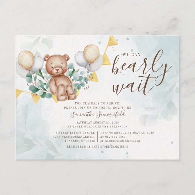 Invitation Carte Postale Eucalyptus Foliage Vert Ours Baby shower broussail (Devant)