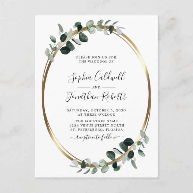 Invitation Carte Postale Eucalyptus Gold QR Code RSVP Mariage (Devant)