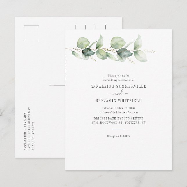 Invitation Carte Postale Eucalyptus Mariage botanique du feuillage (Devant / Derrière)