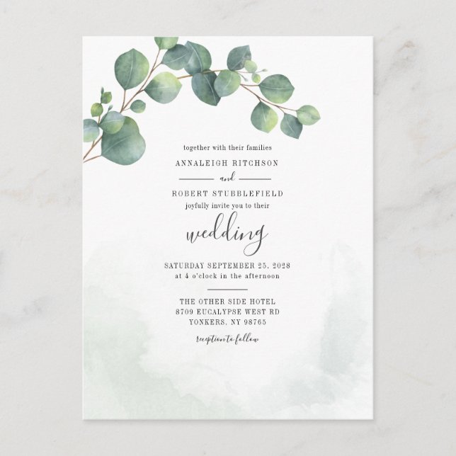 Invitation Carte Postale Eucalyptus Mariage botanique Script vert (Devant)