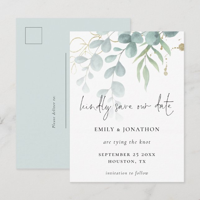 Invitation Carte Postale Eucalyptus Poudre Bleu Or Script Enregistrer La Da (Devant / Derrière)