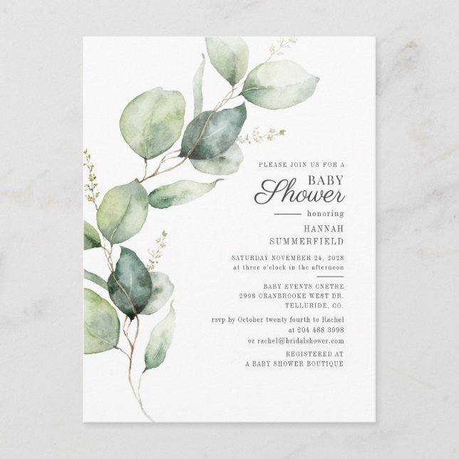 Invitation Carte Postale Eucalyptus Rustic Baby shower botanique Succulent (Devant)