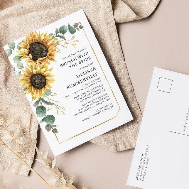 Invitation Carte Postale Eucalyptus Vert Sunflower Brunch avec Mariée (Floral Sunflower Eucalyptus Brunch with the Bride Invitation Postcard)