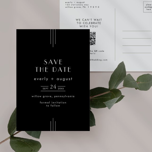Invitation Carte Postale EVERLY Art Déco Black Wedding Enregistrer la date (EVERLY Modern Art Deco Black Wedding Save the Date Invitation Postcard)