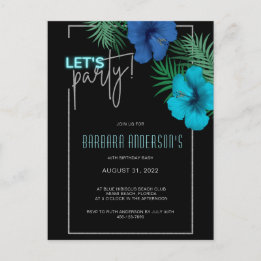 Invitation Carte Postale Faisons la fête Black Blue Neon Tropical 40e anniv