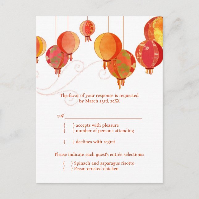 Invitation Carte Postale Fancy Red Paper Lanterns Mariage Repas Choix RSVP (Devant)