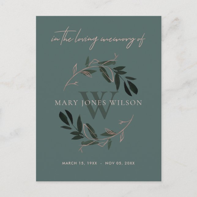 INVITATION CARTE POSTALE FAUNE ROSE VERTE WREATH SYMPATHIE SERVICE MÉMORIAL (Devant)