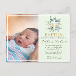 Invitation Carte Postale Faux baptême photo floral aquarelle verte or
