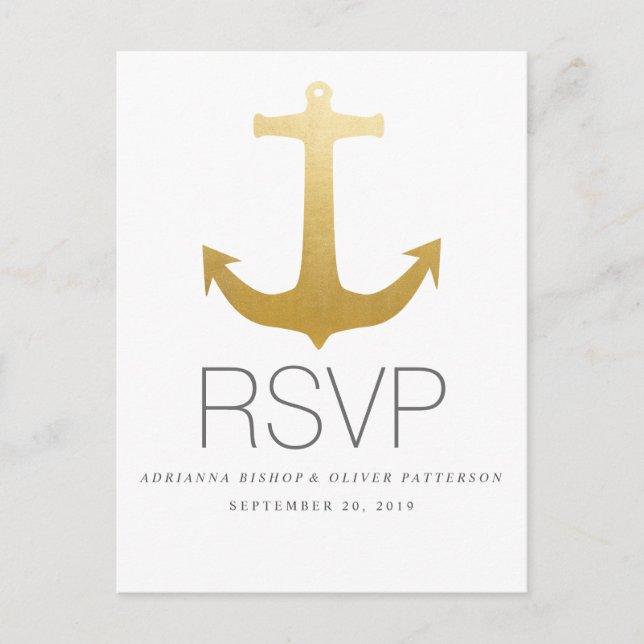 Invitation Carte Postale Faux Gold Foil Ancre Nautique Mariage RSVP (Devant)