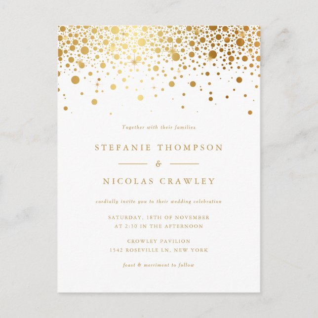 Invitation Carte Postale Faux Gold Foil Confetti Mariage (Devant)