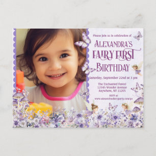 Invitation Carte Postale Fée Florale Violet Premier anniversaire photo