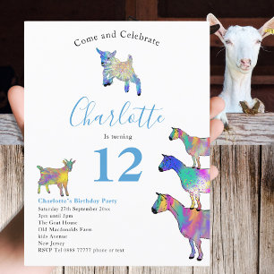 Invitation Carte Postale Ferme de chèvres Animaux 12ème Anniversaire Bleu