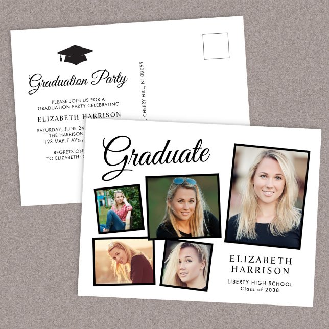 Invitation Carte Postale Festival de collage photo moderne (A personalized photo graduation party invitation to celebrate the graduate's achievements)