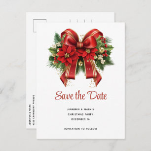 Invitation Carte Postale Festive Red and Gold Christmas Bow Enregistrer la 