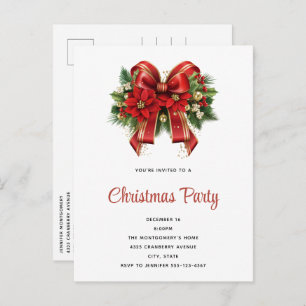 Invitation Carte Postale Festive Red and Gold Christmas Bow Party