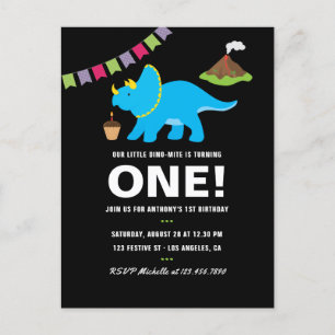 Invitation Carte Postale Fête à thème Dinosaure 1er Anniversaire noir et bl