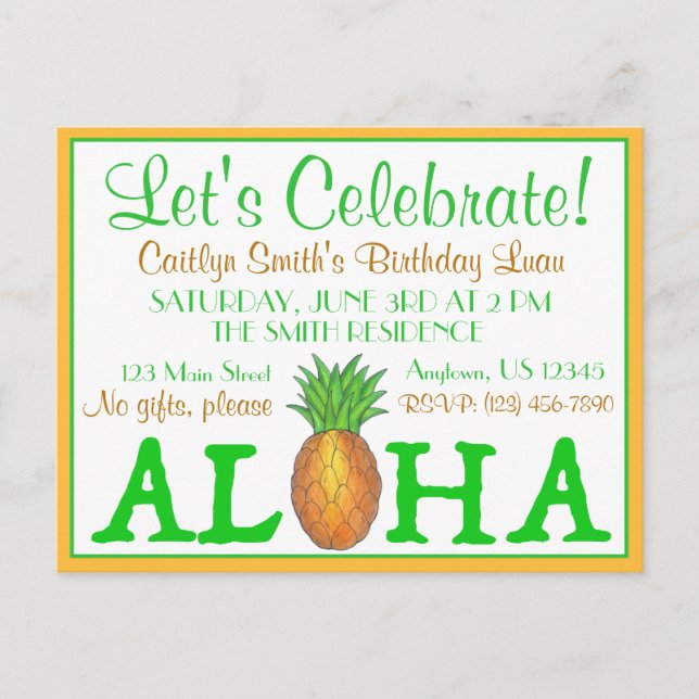 Invitation Carte Postale Fête Aloha Luau d'île tropicale Ananas Hawaï (Devant)