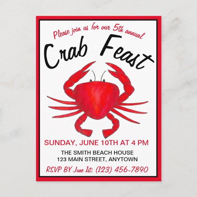 Invitation Carte Postale Fête annuelle du crabe Rouge Maryland Coquillages  (Devant)